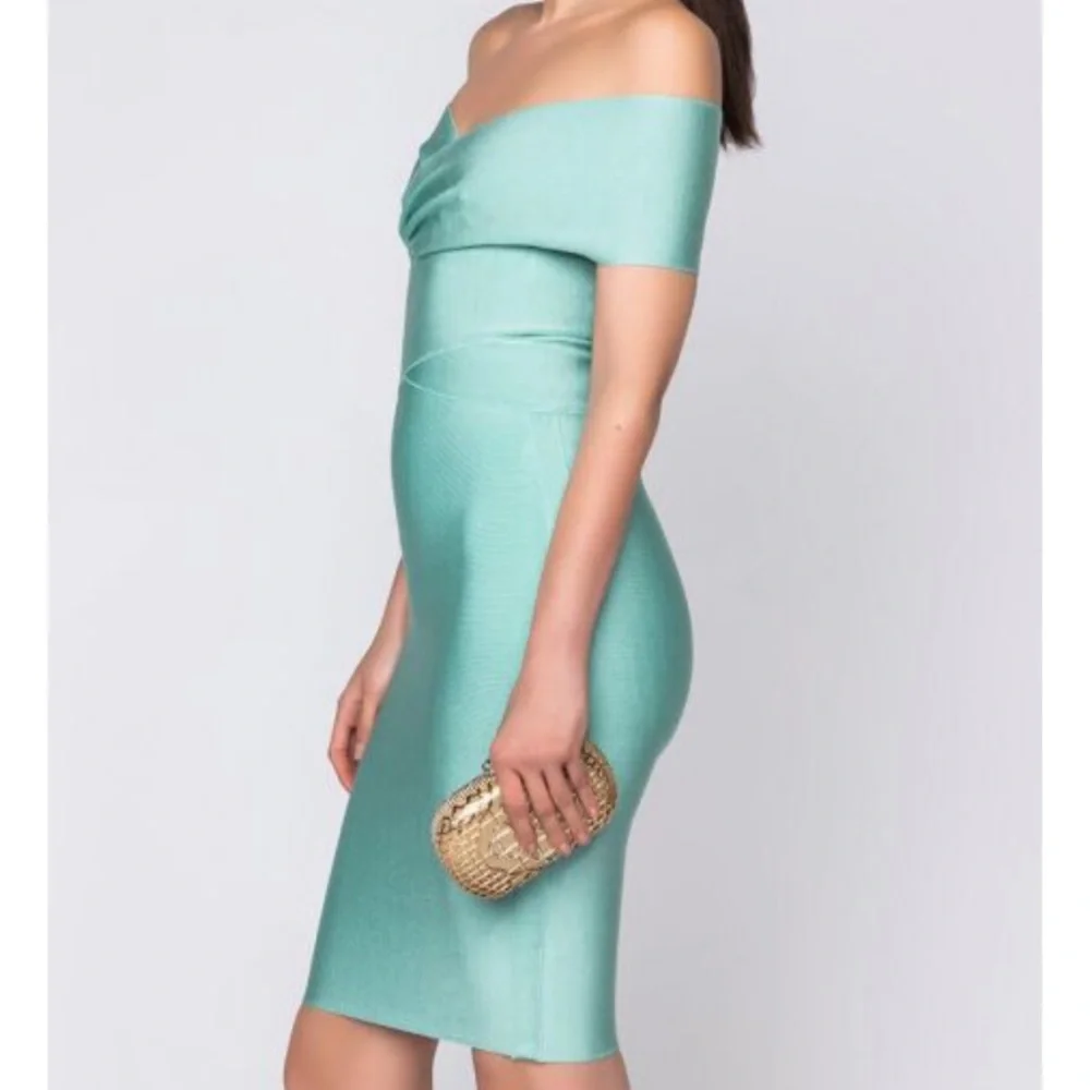 LIGHT GREEN OFF THE SHOULDER BANDAGE DRESS - Picture 2 of 4